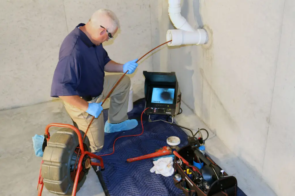 Plumber performs sewer line inspection using video camera equipment inside a Naperville home’s basement drain system.
