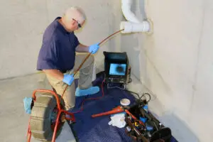 Plumber performs sewer line inspection using video camera equipment inside a Naperville home’s basement drain system.