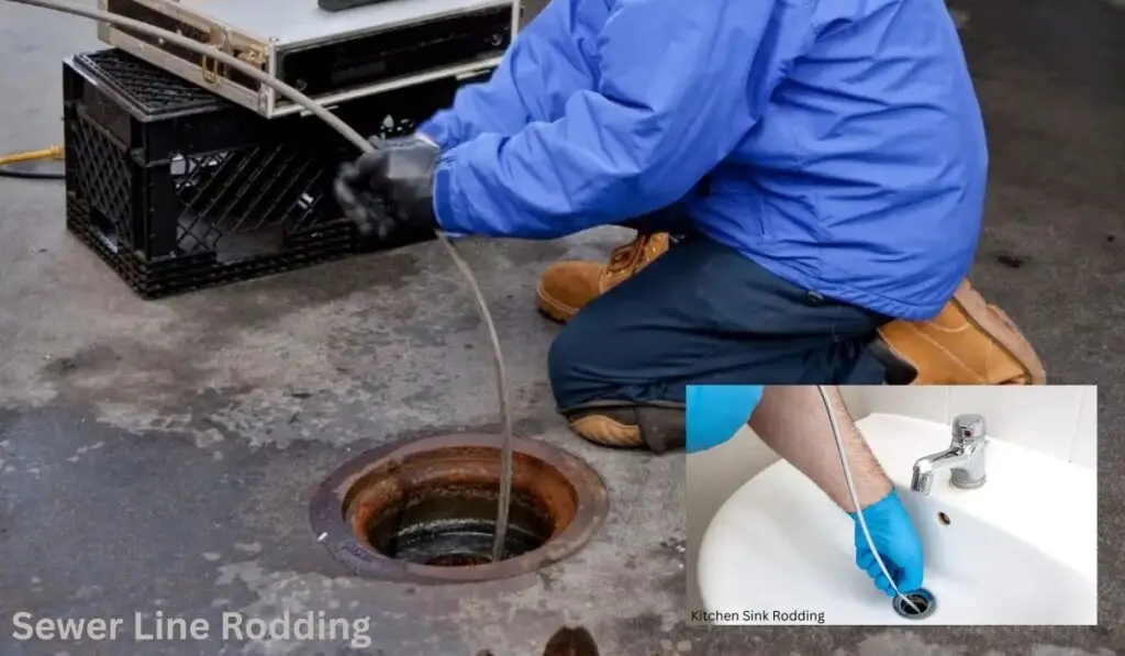 Technician performing sewer line rodding, with an inset image of kitchen sink rodding.