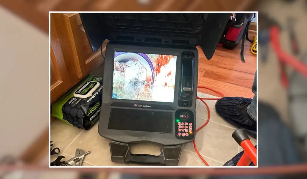 Ridgid SeeSnake used for a detailed sewer camera inspection showing pipe damage, ensuring accurate diagnostics in Naperville IL.