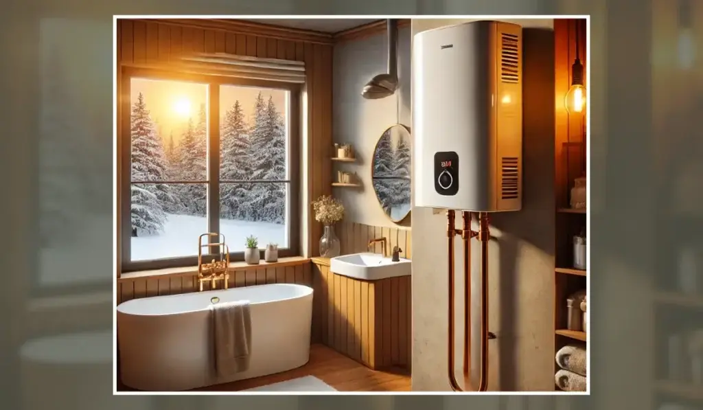 A modern tankless water heater installed in a cozy bathroom during winter, highlighting its energy-efficient and space-saving design.