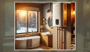 A modern tankless water heater installed in a cozy bathroom during winter, highlighting its energy-efficient and space-saving design.