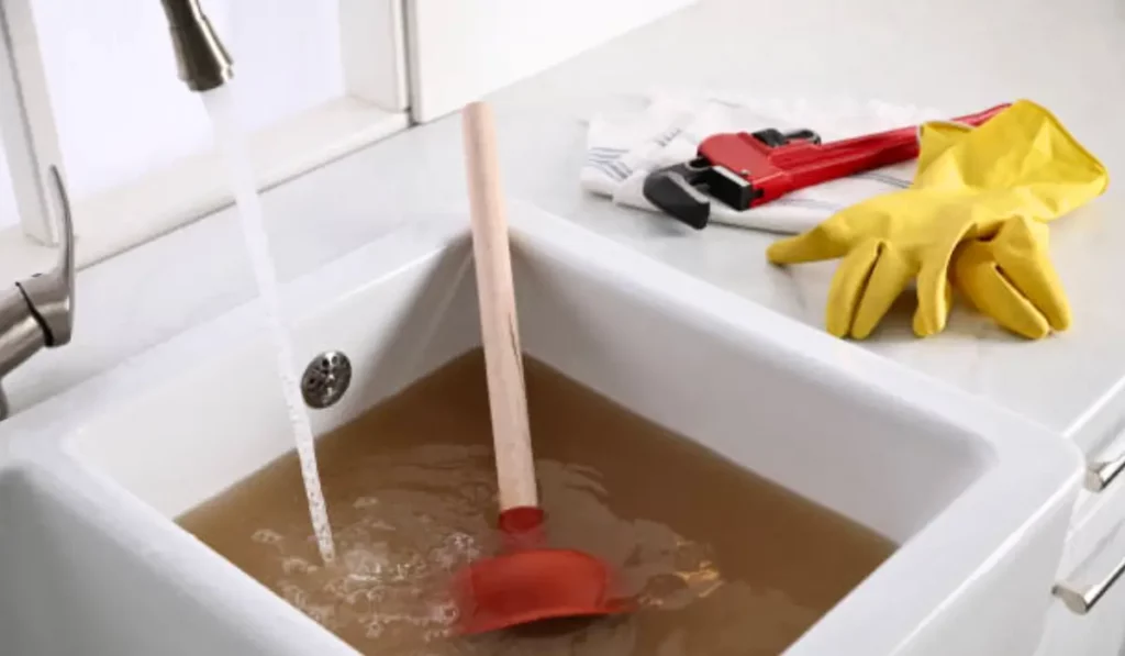 Clogged kitchen sink filled with dirty water, featuring a plunger, pipe wrench, and rubber gloves for repairs.