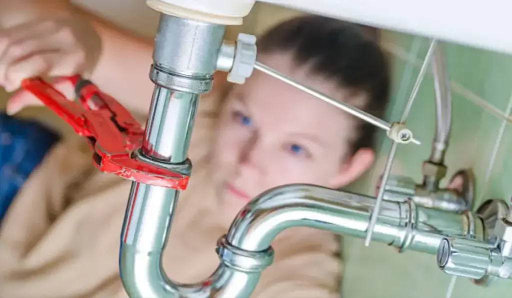 Close-up of a person using a red wrench to fix a chrome sink pipe, showing DIY plumbing mistakes.
