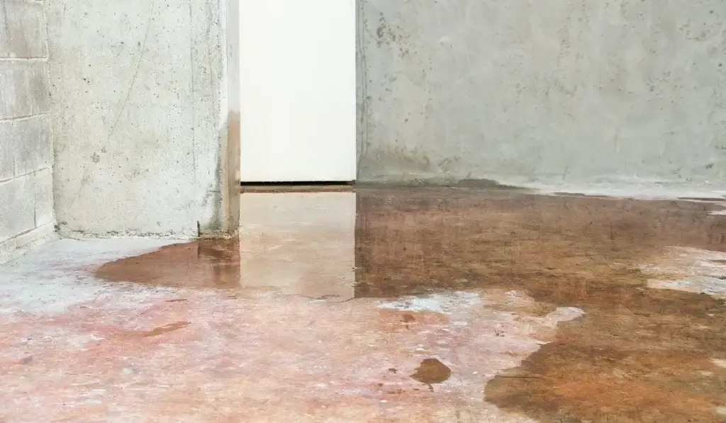 Visible water seepage on concrete basement floor near wall, showing moisture issues common in Naperville homes.