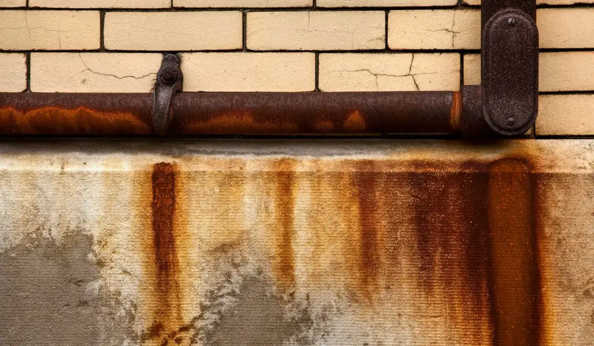 Corroded gas pipe on exterior wall linked to potential gas leak risks.