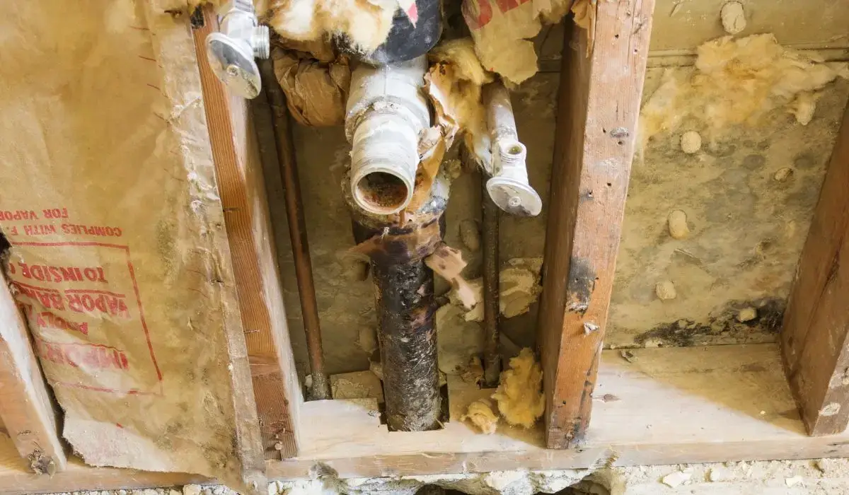 Close-up of corroded pipes behind wall violating Naperville Plumbing Code.