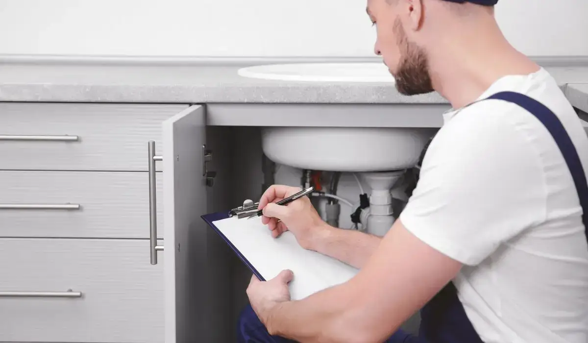 Plumber inspecting kitchen pipes for Naperville Plumbing Code compliance.