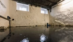Flooded basement in Naperville caused by sewer backups, showing water damage and plumbing pipes. Bee Quick Plumbing offers emergency sewer repair services.
