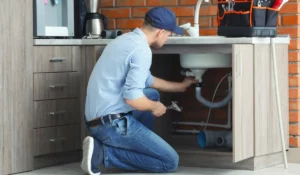 Plumber repairing sink pipes to prevent plumbing problems before Naperville home sale and ensure smooth closing process.