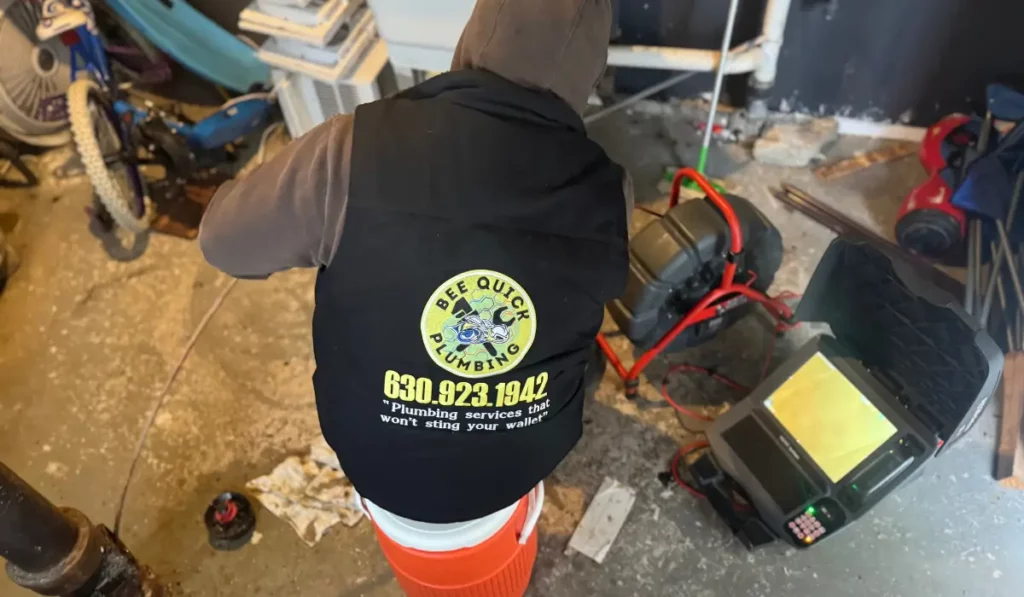 Bee Quick Plumbing technician working with equipment to address sewer gas smell in Naperville IL, offering professional plumbing services.