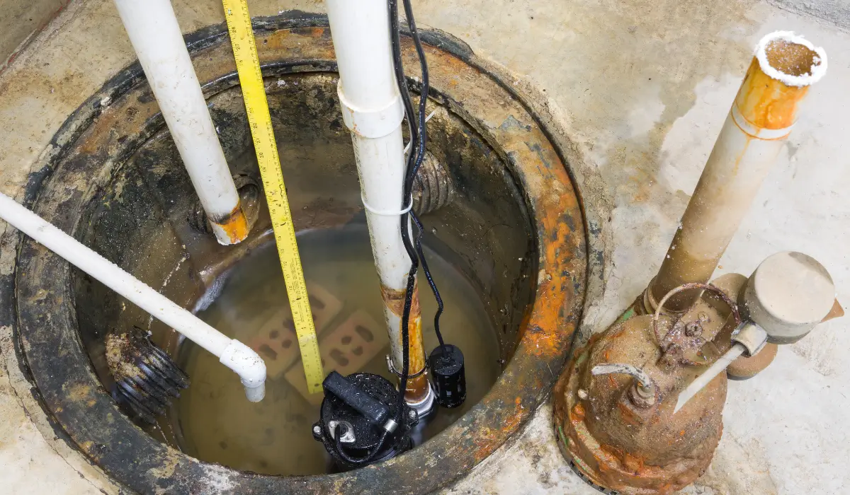 Sump pump basin with water showing early signs of failure, emphasizing the need for sump pump repair and maintenance in Naperville.