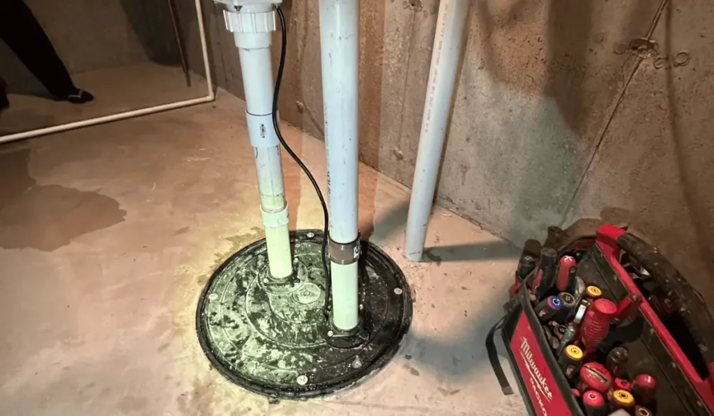 Sump pump system in a basement designed to prevent flooding and water damage in Naperville homes. Essential for sump pump failure prevention and maintenance.