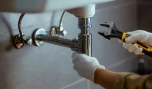 Professional plumber repairing plumbing fixtures under a bathroom sink in Naperville.