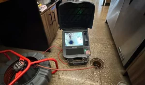 Sewer line camera inspection Naperville IL showing live footage of underground pipe blockage detected by Bee Quick Plumbing and Sewer.