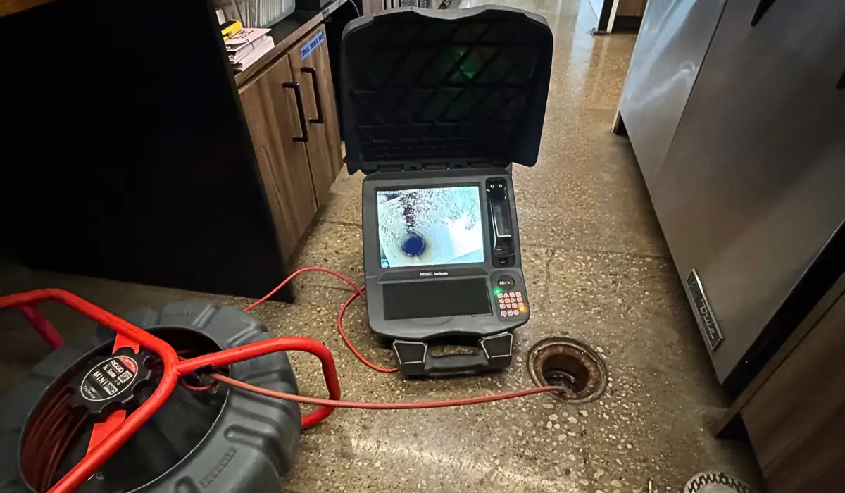Sewer line camera inspection Naperville IL showing live footage of underground pipe blockage detected by Bee Quick Plumbing and Sewer.