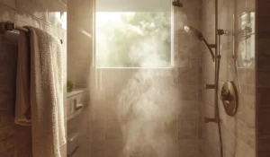 Steam fills bathroom during winter shower, showing how homeowners run out of hot water faster seasonally.