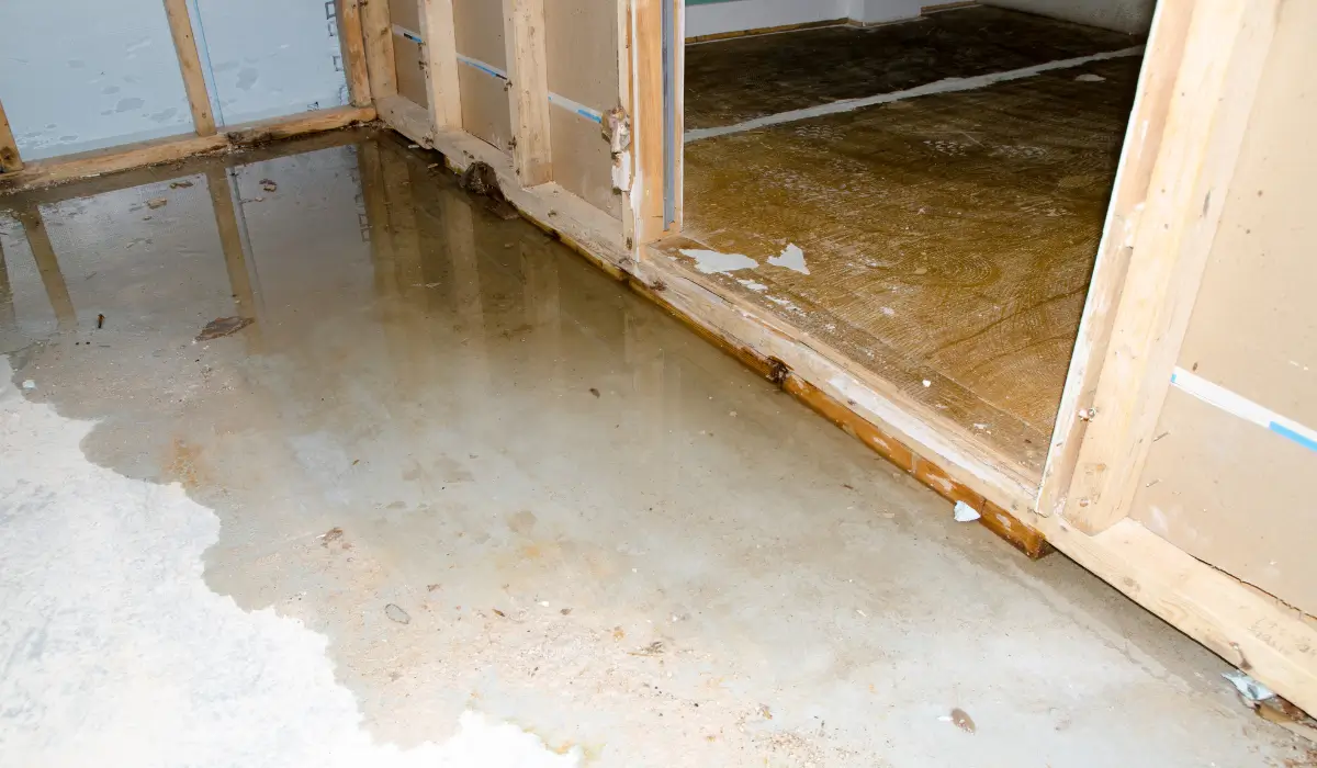 Standing water from burst pipe needing fast action by trusted local plumber to prevent costly flooring damage