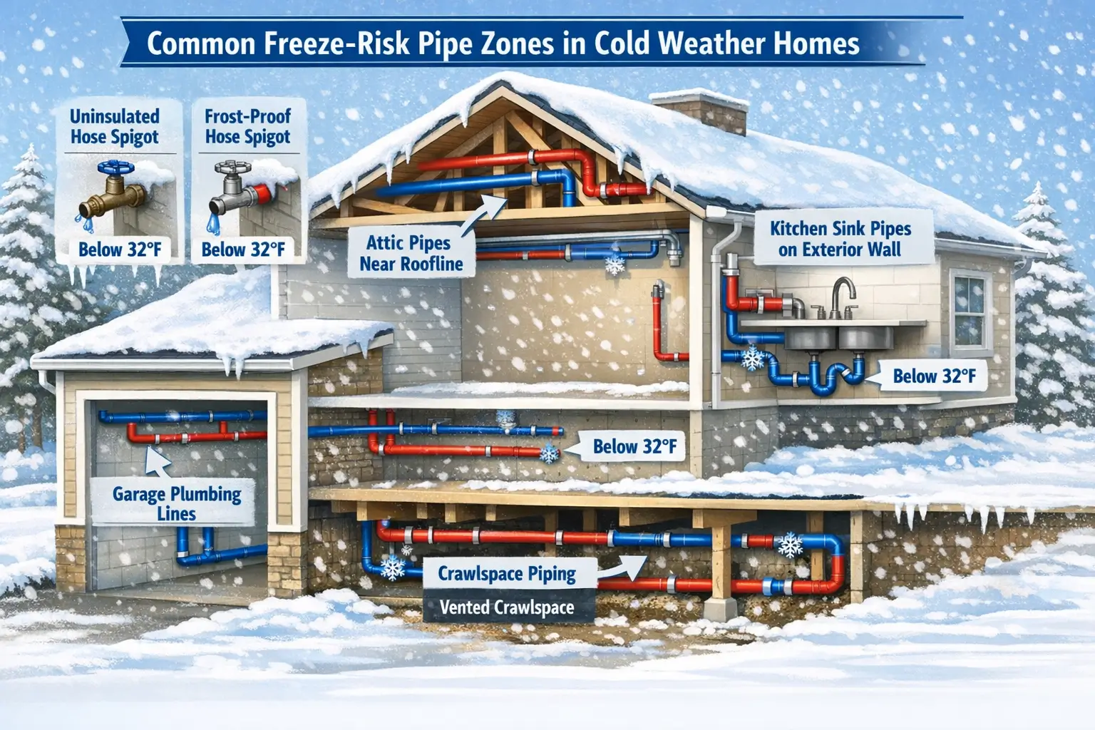 Frozen pipes diagram showing high risk plumbing zones in garages, crawlspaces, attics, and exterior walls.