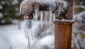 Frozen pipes with thick ice buildup on exterior plumbing during severe winter temperatures and snowfall conditions.