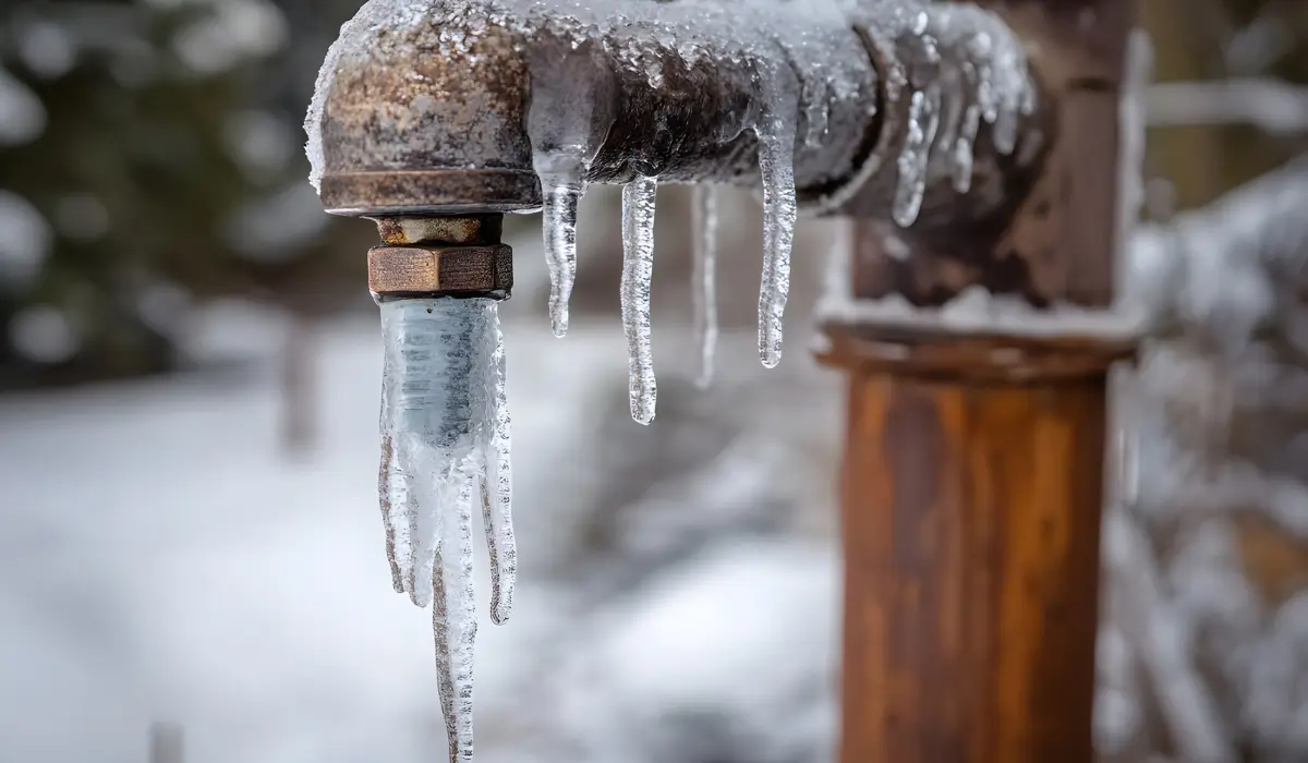 Frozen pipes with thick ice buildup on exterior plumbing during severe winter temperatures and snowfall conditions.