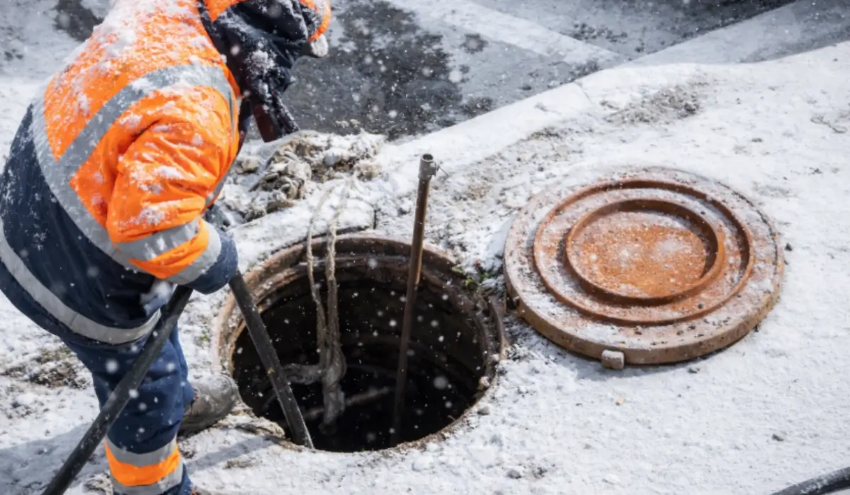 Worker clearing frozen sewer line during winter to prevent sewer backups affecting residential homes.