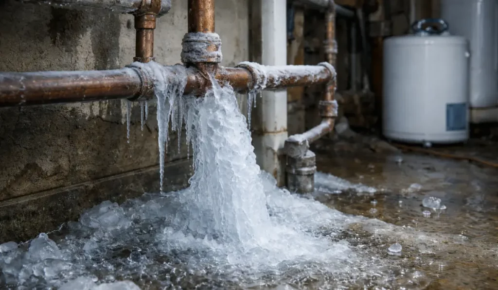 Pipe bursts in winter flooding basement from frozen copper pipe with ice buildup and active leakage.