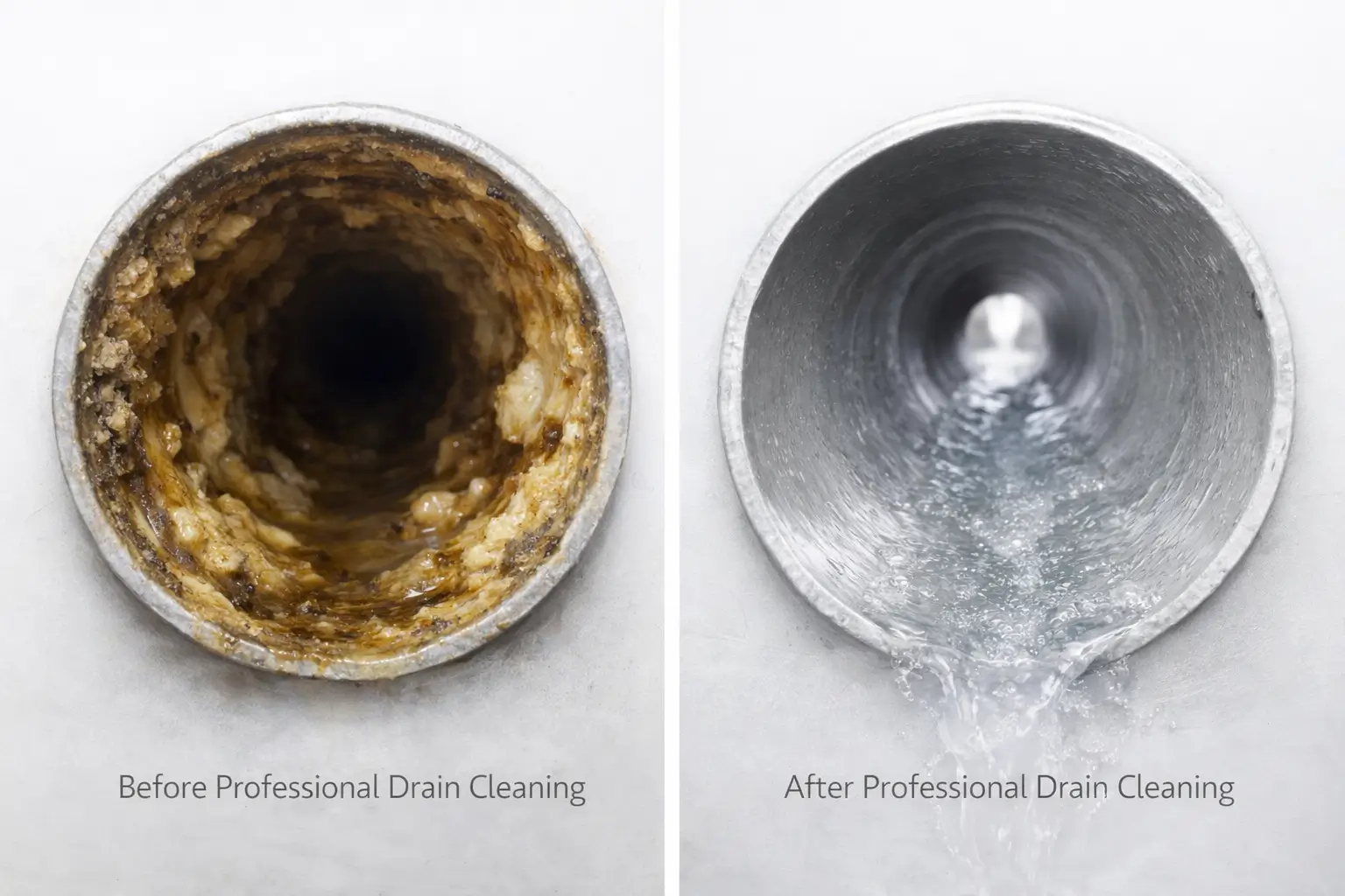 Before and after drain pipe cleaning showing heavy grease buildup removed and clear water flow restored.