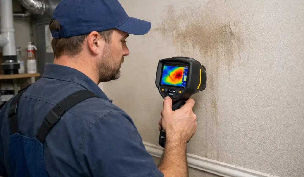Technician using thermal camera detecting hidden plumbing leak inside residential wall during winter.