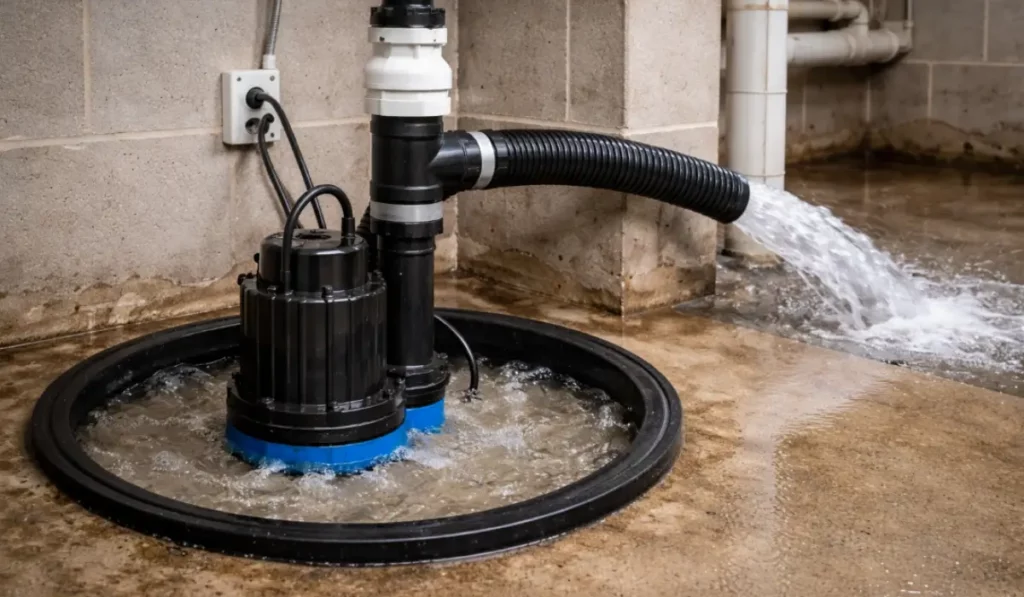 Inspect your sump pump actively removing water through discharge pipe to prevent basement flooding during heavy rain