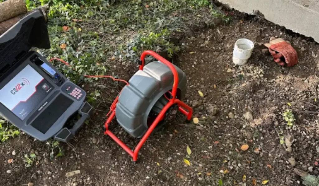 Sewer inspection camera equipment positioned at outdoor cleanout during cold weather ground conditions in Naperville.