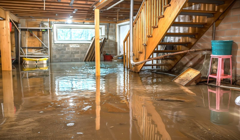 Sewer Lines failure causing basement flooding with standing water and debris after heavy rain in residential home.