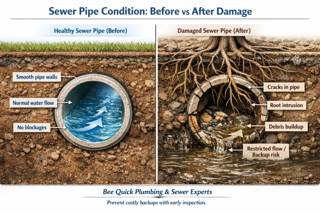 Cross-section sewer pipe showing clean flow versus root intrusion, cracks, and debris buildup causing restricted drainage.
