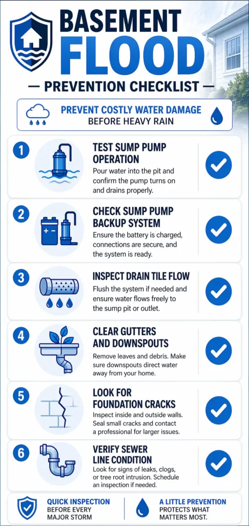 Basement flooding prevention checklist showing steps to test sump pump operation, check sump pump backup system, inspect drain tile flow, clear gutters and downspouts, look for foundation cracks, and verify sewer line condition before heavy rain.