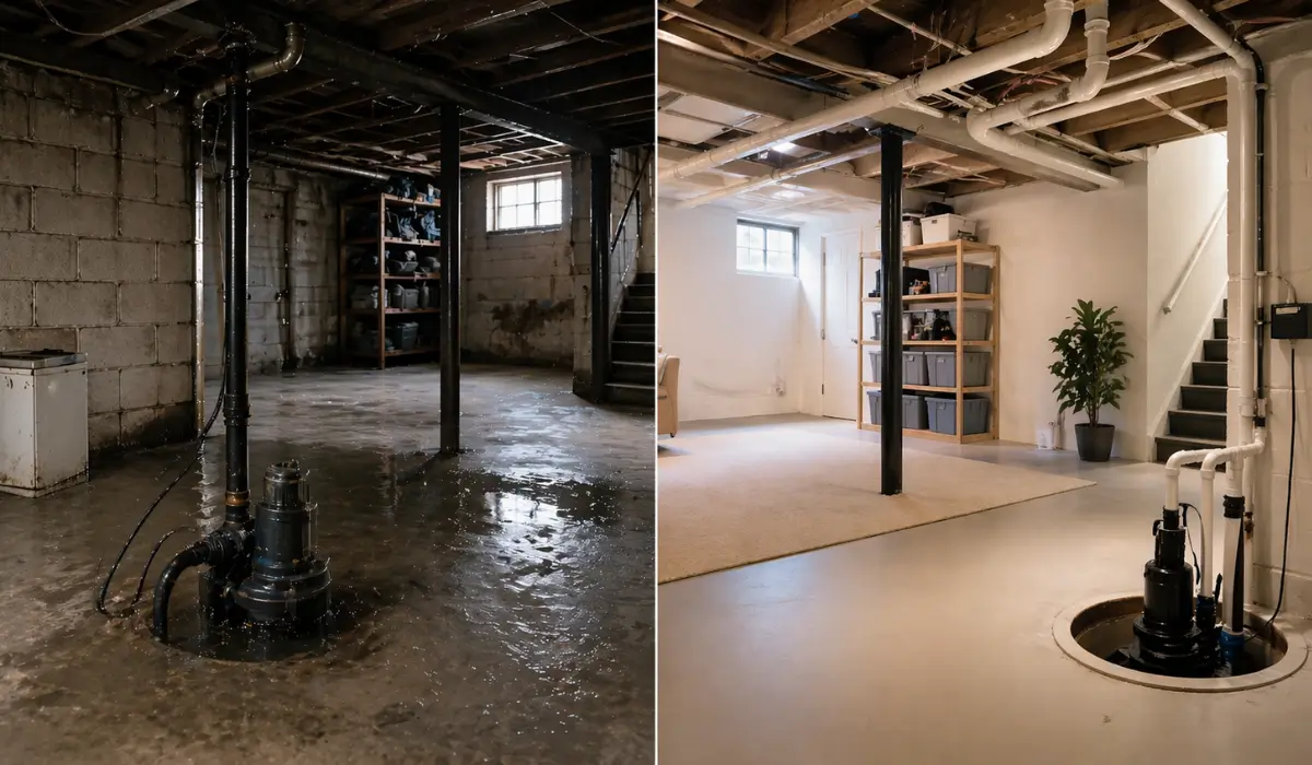 Split image showing basement flooding and a dry basement with sump pump system in a Naperville home.