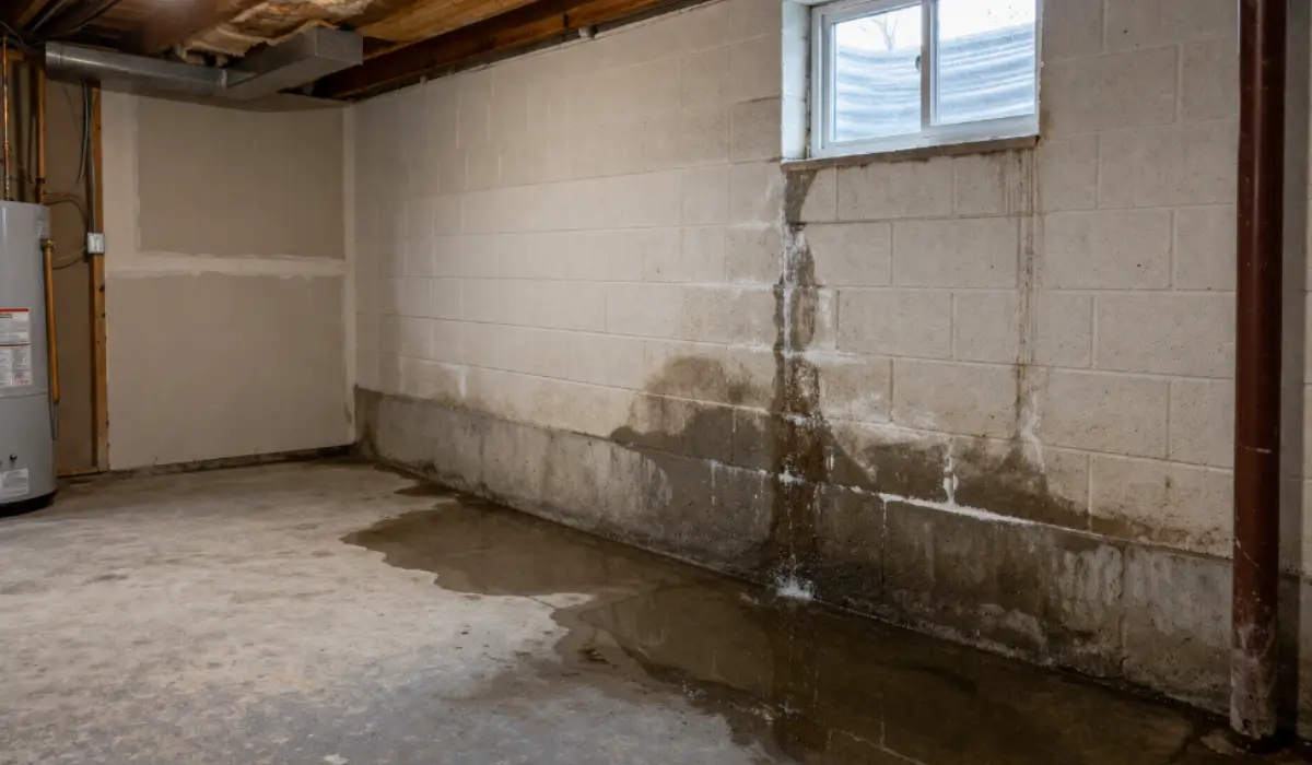 Waterproofing tips showing basement wall leak with water pooling from foundation crack during spring rainfall conditions.