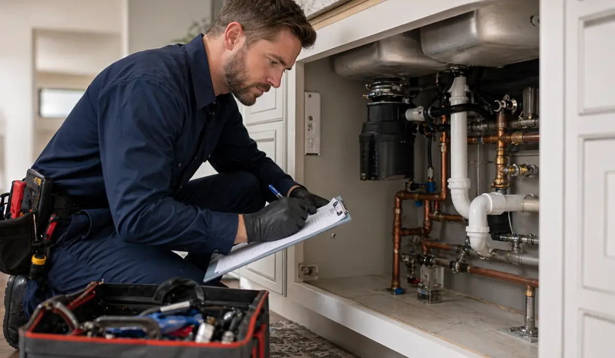 Male plumber inspecting under-sink pipes and writing notes during plumbing code violation help inspection in a Naperville home