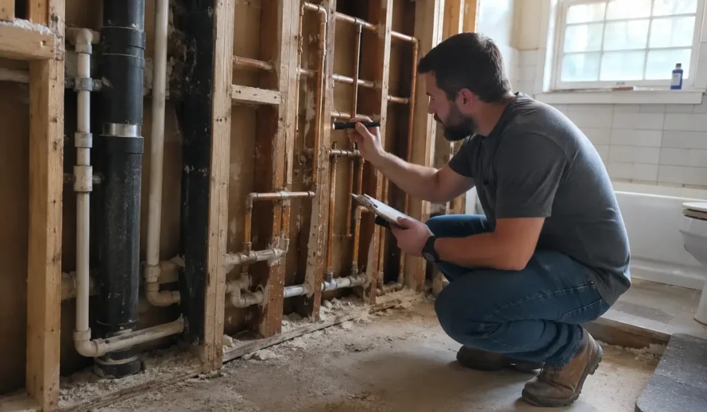 Bathroom Remodel plumber inspecting exposed pipes behind bathroom walls before renovation and plumbing upgrades begin