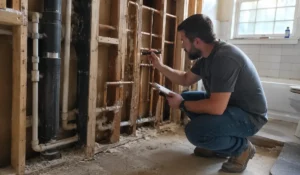 Bathroom Remodel plumber inspecting exposed pipes behind bathroom walls before renovation and plumbing upgrades begin
