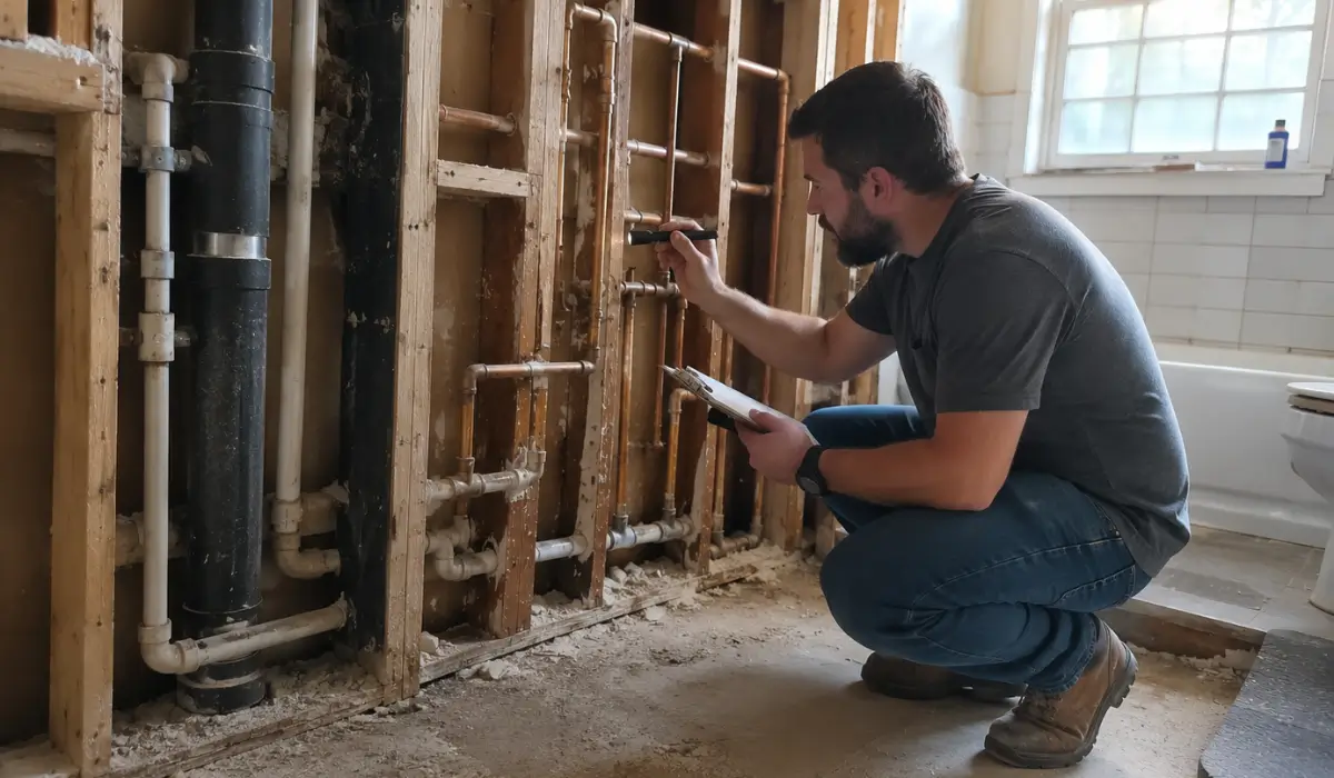 Bathroom Remodel plumber inspecting exposed pipes behind bathroom walls before renovation and plumbing upgrades begin