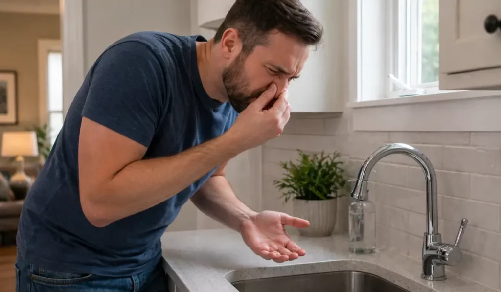 Man reacting to a sewer odor coming from a kitchen sink drain, indicating a possible indoor plumbing issue