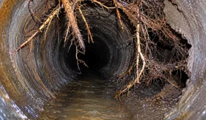Tree Roots and Sewer Lines showing roots inside damaged residential sewer pipe during inspection.