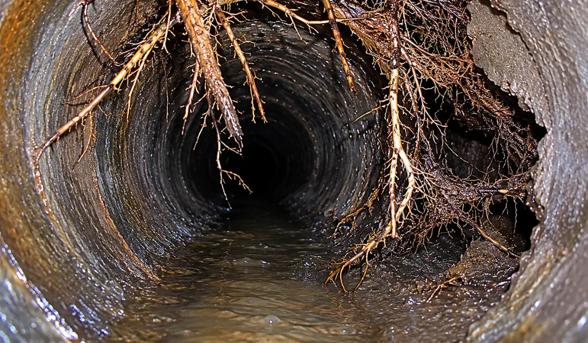 Tree Roots and Sewer Lines showing roots inside damaged residential sewer pipe during inspection.
