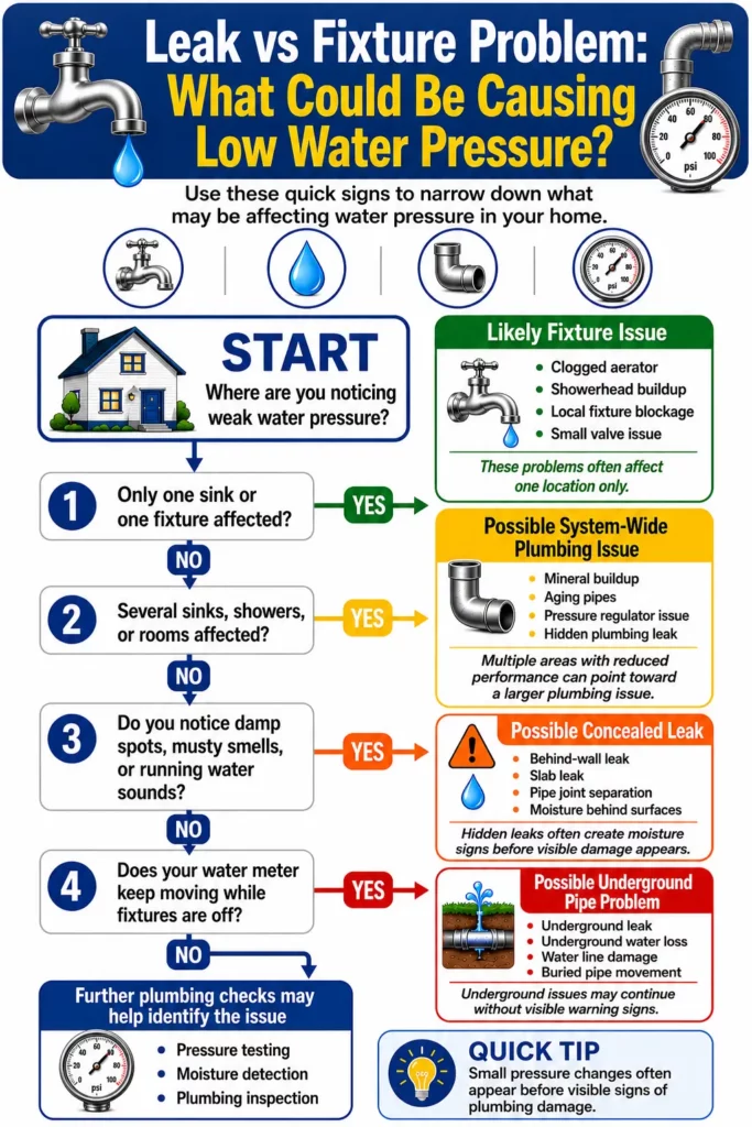 Flowchart showing Pipe Damage, fixture issues, leaks, and underground problems causing low household pressure.