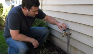 Outdoor Faucet Leaks showing homeowner checking dripping exterior spigot after winter damage during spring inspection