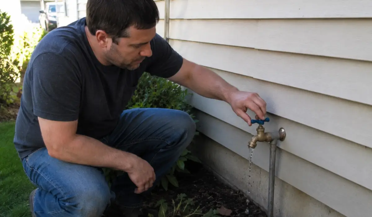 Outdoor Faucet Leaks showing homeowner checking dripping exterior spigot after winter damage during spring inspection