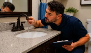 Technician inspecting Pipe Damage after weak bathroom water pressure and hidden plumbing warning signs appear.