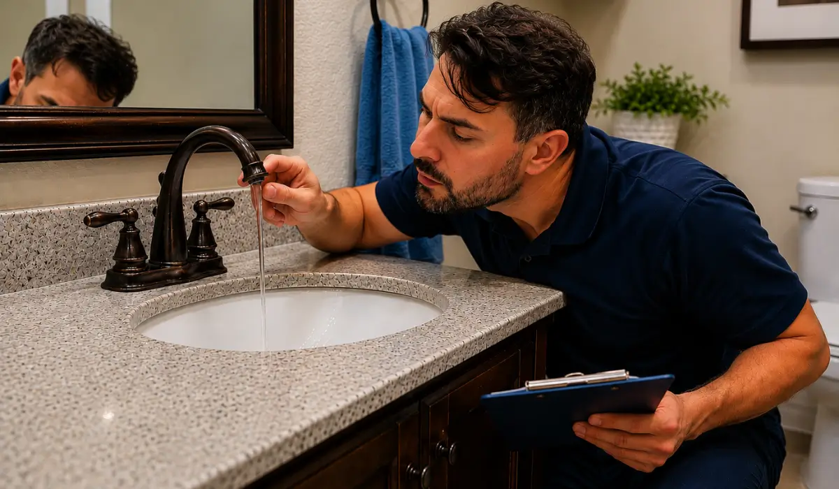 Technician inspecting Pipe Damage after weak bathroom water pressure and hidden plumbing warning signs appear.