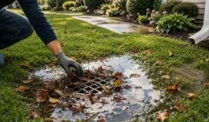 Homeowner wearing a glove clearing leaves and debris from a clogged yard drain surrounded by standing water after a summer storm to restore proper outdoor drainage.