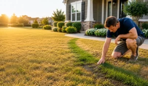Homeowner inspecting an unusually green strip of grass in the yard, an early hidden sewer leak warning sign before visible property damage develops.
